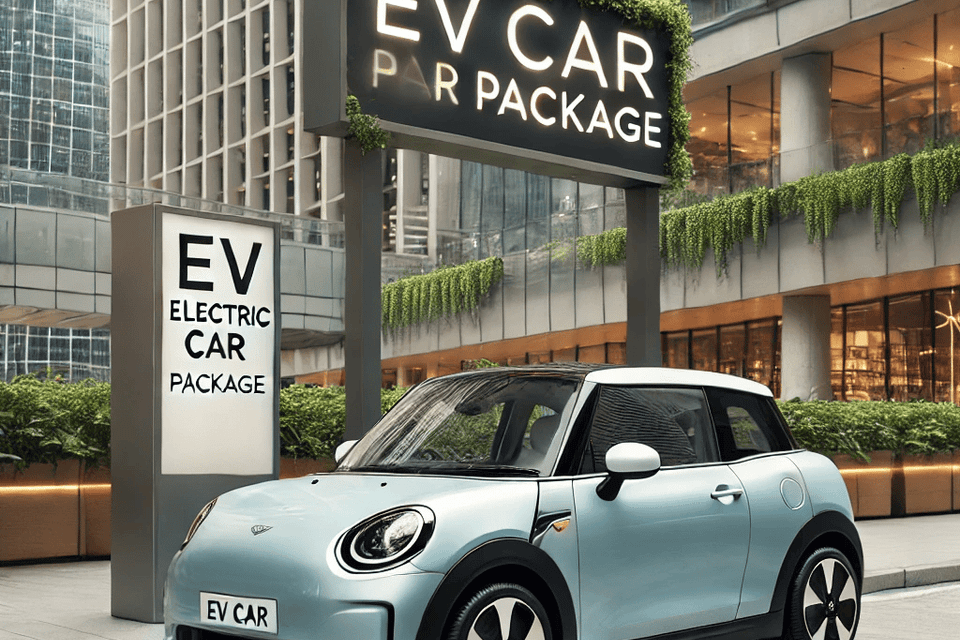 Dall·e 2024 09 15 06.33.16   a mini electric car parked in a modern urban environment  labeled ev car package