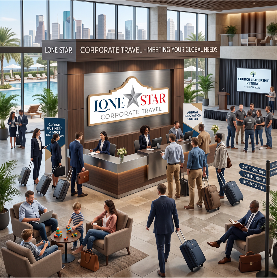 AI image generation showing a lobby with a Lone Star Corporate Travel desk in the center of a conference venue lobby.