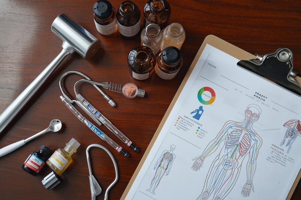 Doctor reflex tools on a table with bottles of supplements and clipboard with body outline map to take notes on