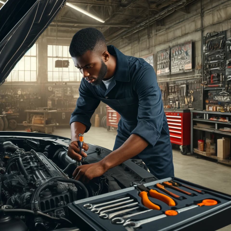 Dall·e 2024 05 10 19.53.40   create another realistic scene of a black mechanic working under the hood of a car in an auto repair shop. the shop should have a detailed and authent