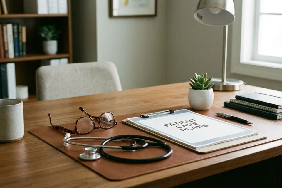 Medical desk workspace featuring a stethoscope and a clipboard with personalized patient care plans.