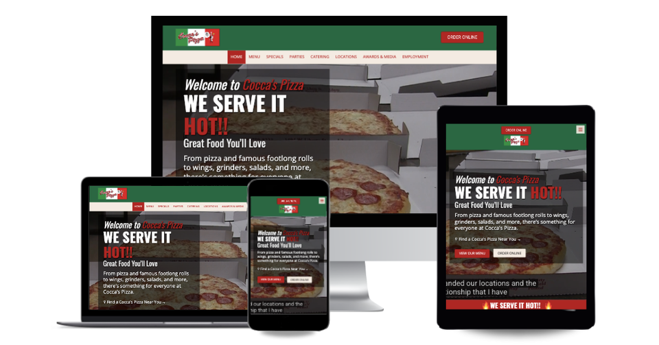Cocca's Pizza website displayed across desktop, laptop, tablet, and mobile devices.