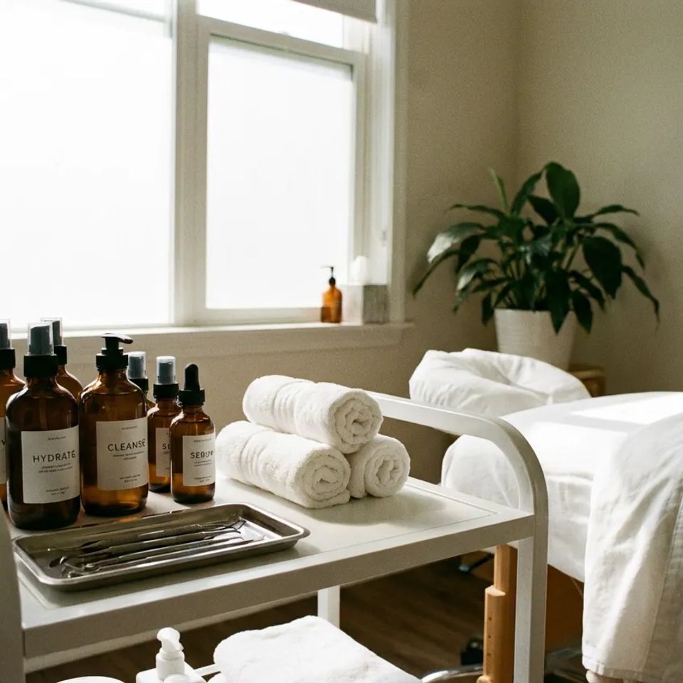 Professional skincare products in amber bottles and rolled white towels on a cart in a bright spa treatment room