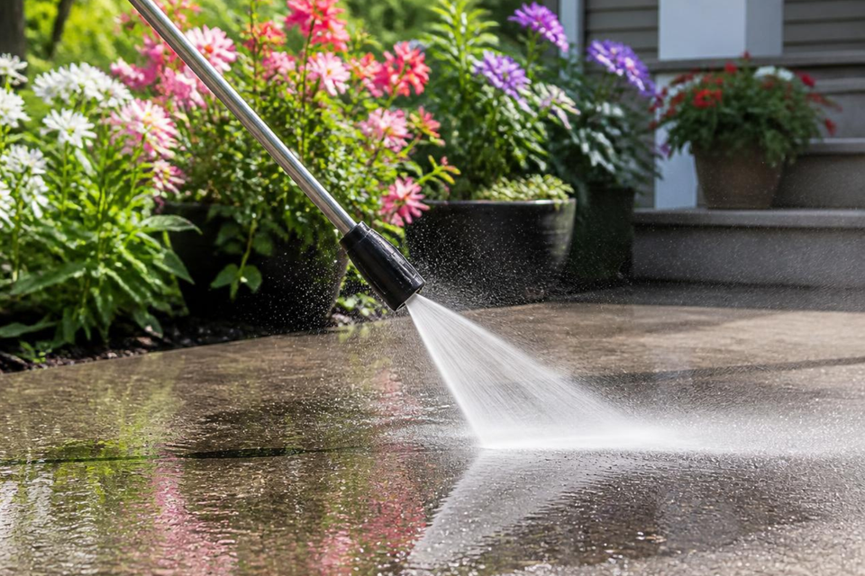 Pressure washing a concrete patio to remove dirt, stains, and buildup from the outdoor surface.