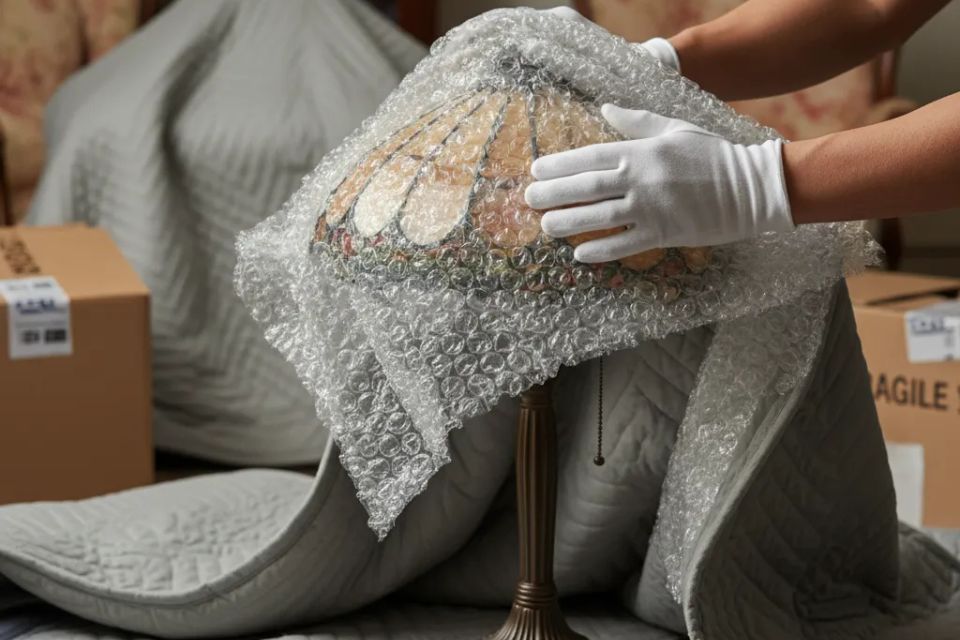 Close-up of professional mover's hands in white gloves carefully bubble-wrapping a delicate antique lamp.