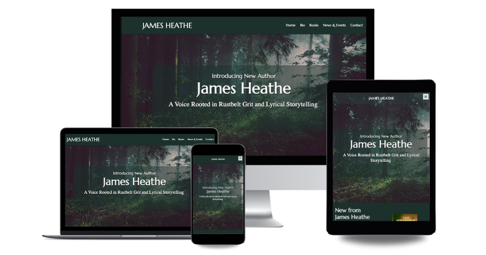 Responsive website for James Heathe displayed on a desktop computer, laptop, tablet, and smartphone, designed by EzSites4U Web Design.