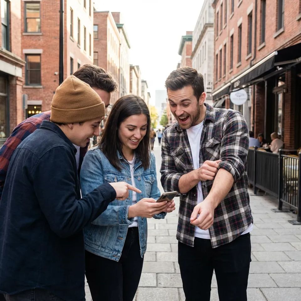  Group of friends on a city street looking at a smartphone and admiring a man's new forearm tattoo