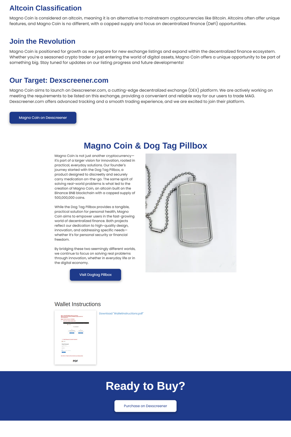 Magno Coin cryptocurrency website in Hagerstown Maryland showing Dog Tag Filter product details and purchase form for blockchain accessory.