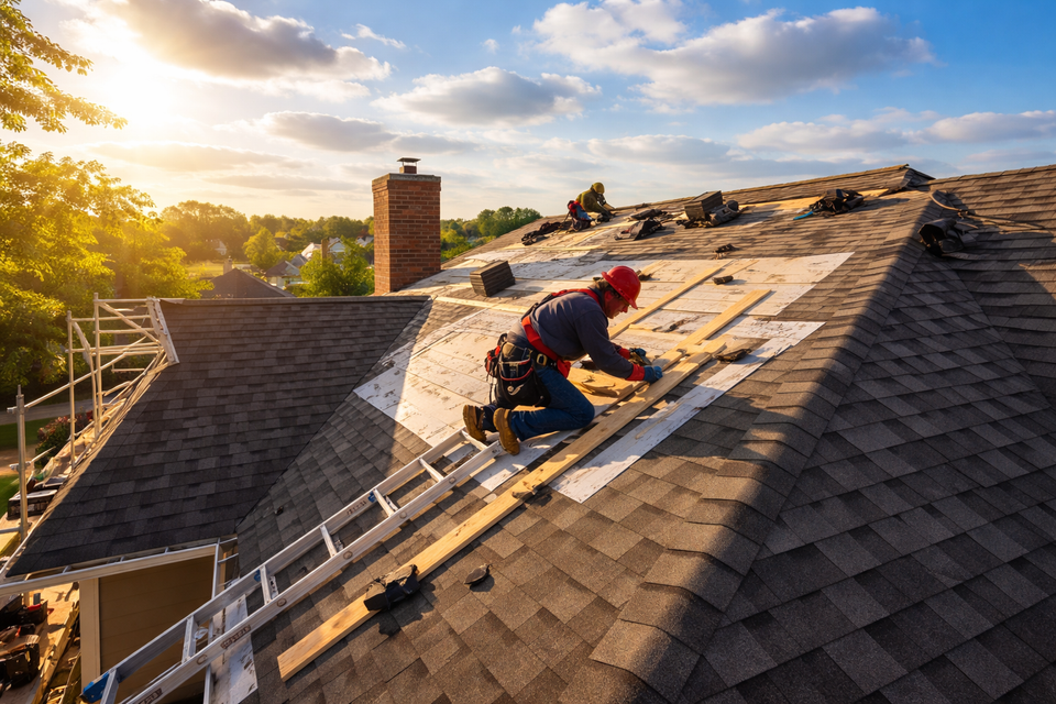 Roofers working on a residential home