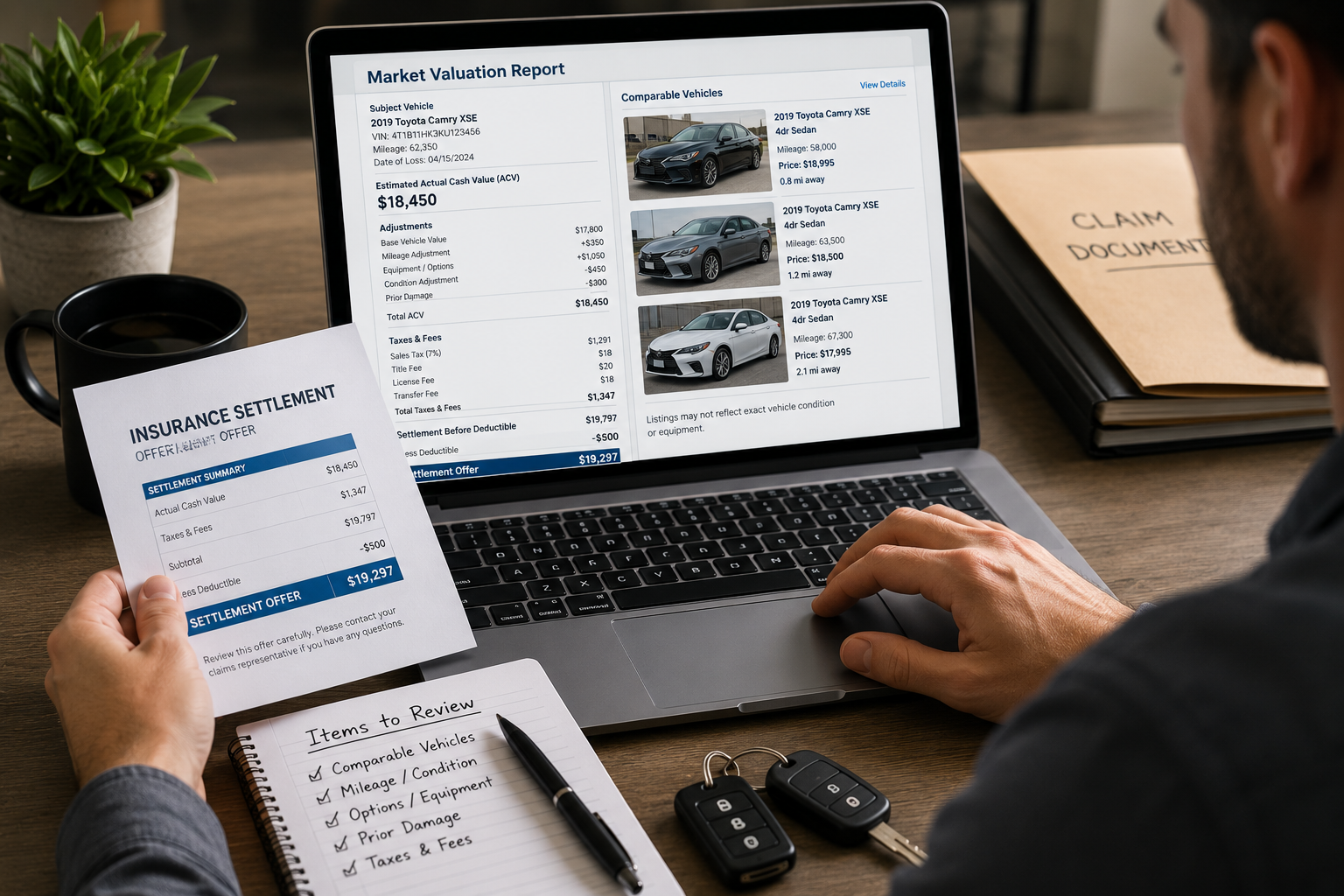 Reviewing a Georgia total loss valuation report with vehicle listings and insurance settlement paperwork