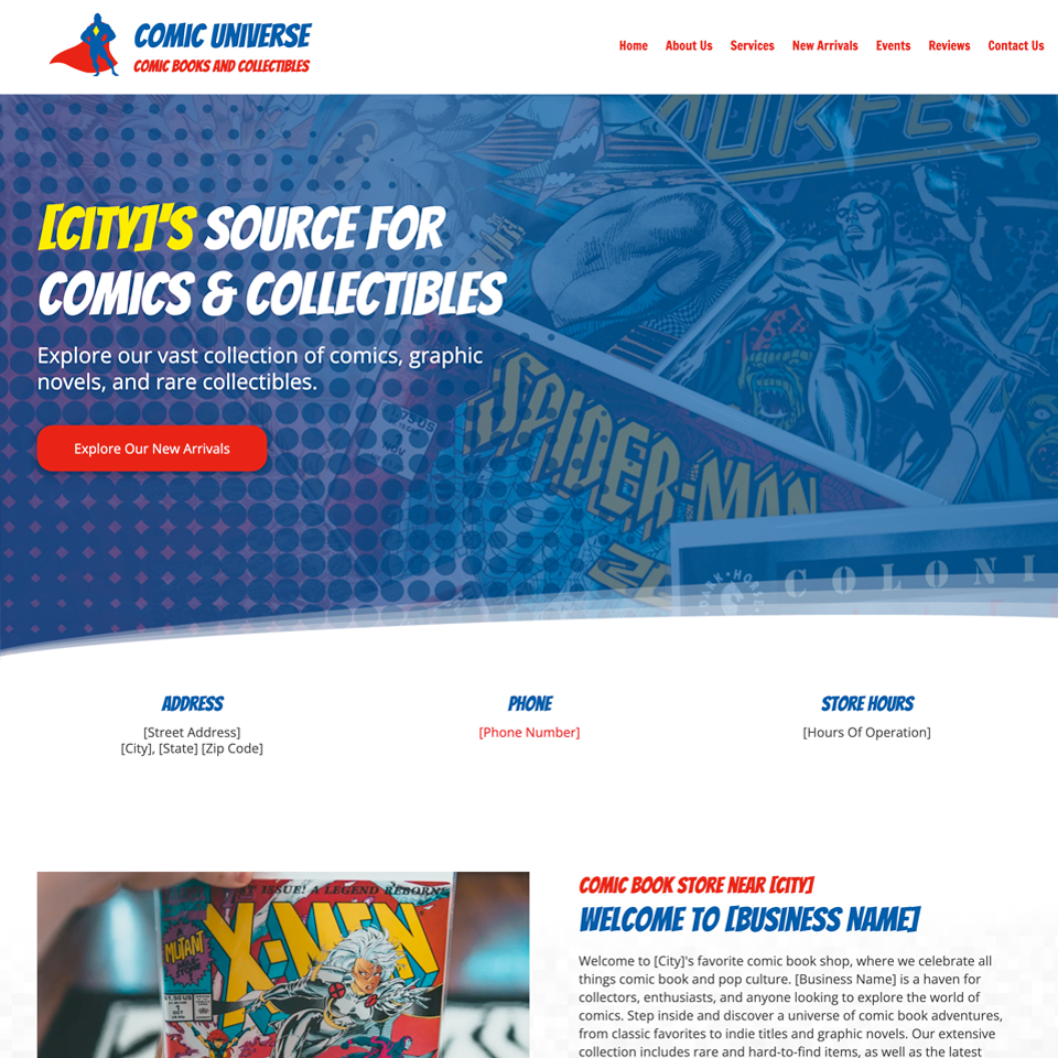Comic book store website design theme