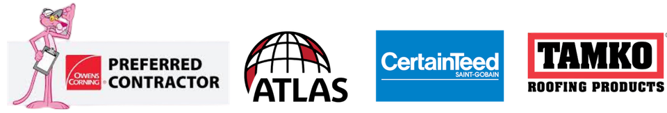 Roofing material brands we trust: Owens Corning Preferred Contractor, Atlas, CertainTeed, and Tamko.