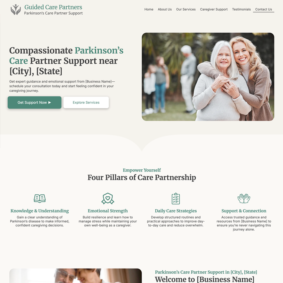 Parkinsons care partner support website design theme