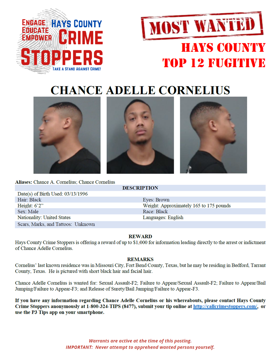 Cornelius most wanted poster