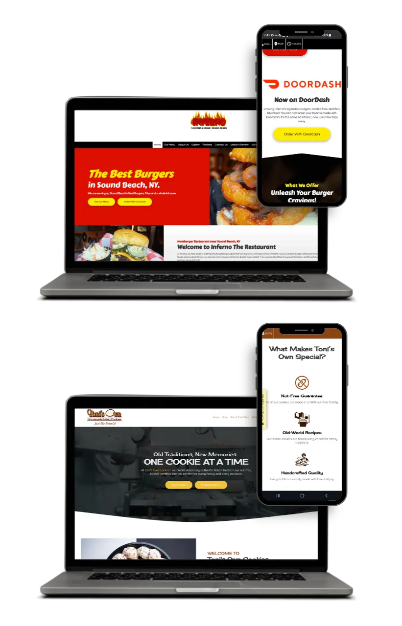Portfolio of custom web designs by Cannone Marketing, featuring sites for Inferno the Restaurant (Burger Restaurant) and Toni's Own Cookies (Wholesale Bakery) 