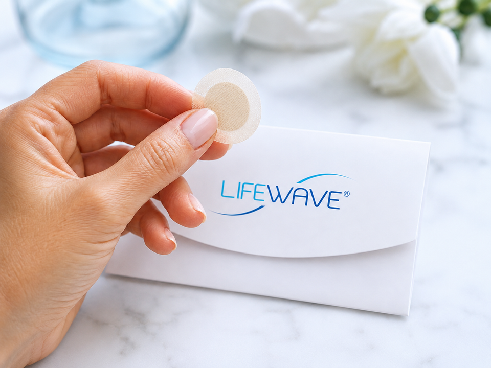 LifeWave wellness patch held above LifeWave product packaging