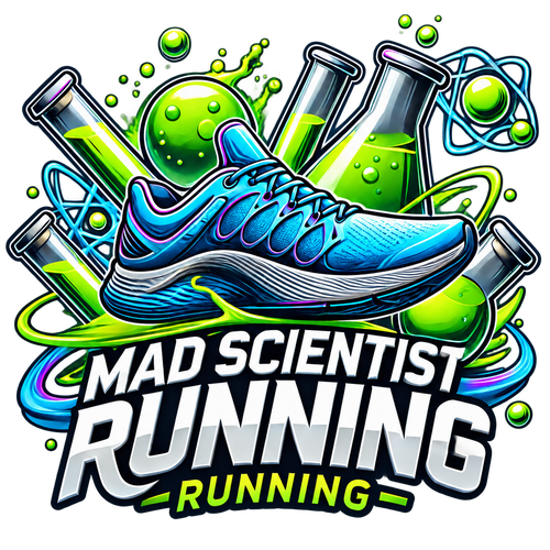 Mad Scientist Running running shoe and laboratory science logo