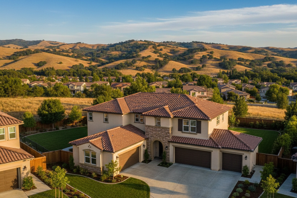 Modern San Ramon CA suburban home featuring Republic SPC flooring and premium carpet installation by Concord Carpet And Hardwood with views of the San Ramon Valley hills.