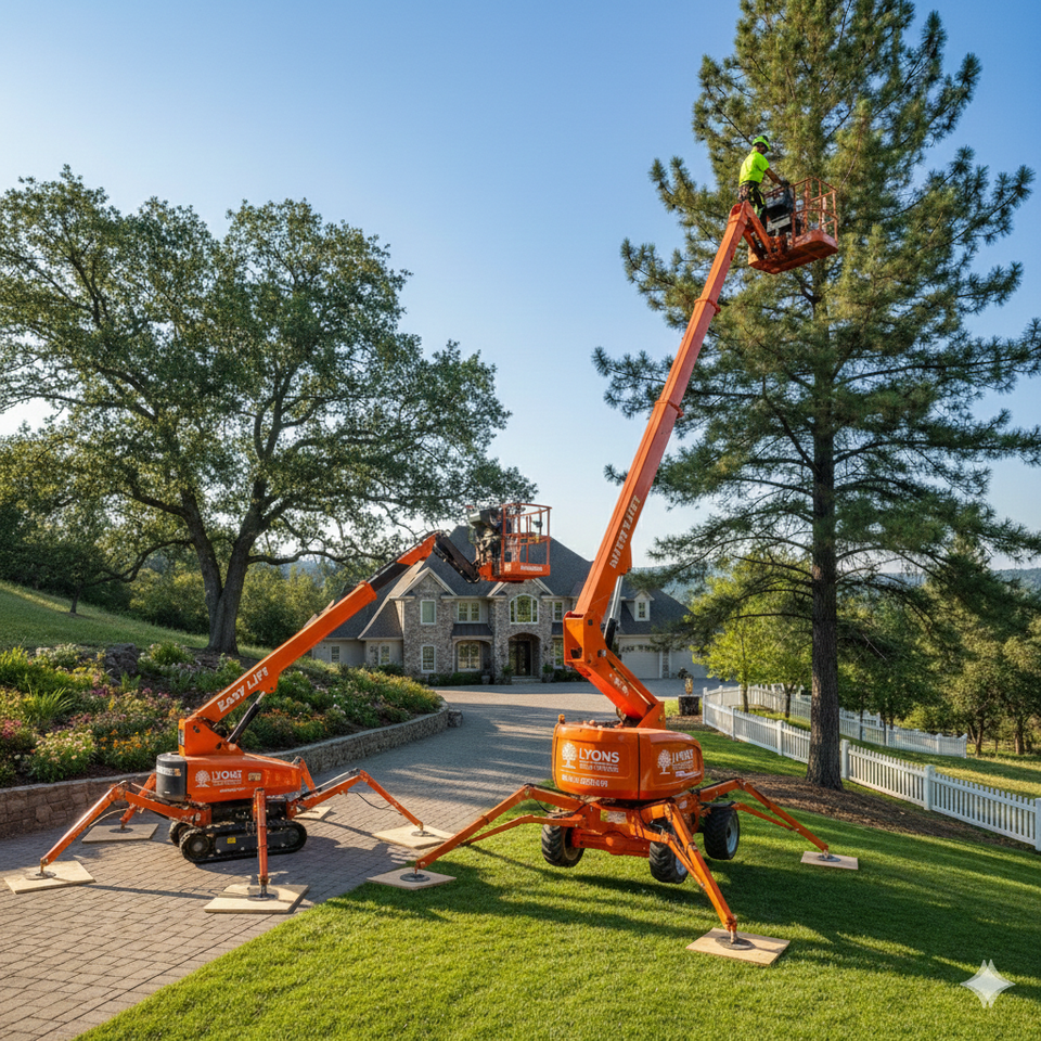 Minimal‑impact Niftylift SD50 and Easy Lift tracked platforms used for high‑reach tree trimming in a residential yard