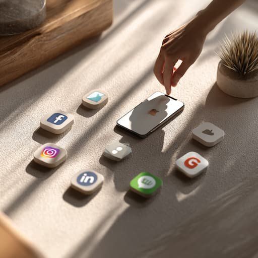 An overhead view of a finger pressed their phone that is surrounded by tiles with apps icons on them 