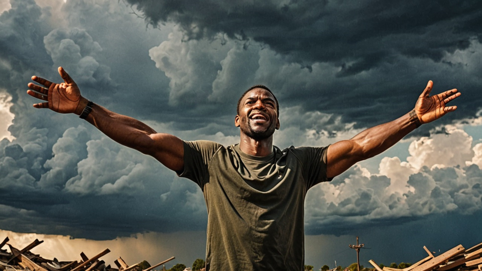 A man in a triumphant stance with a retreating storm and debris in the background.