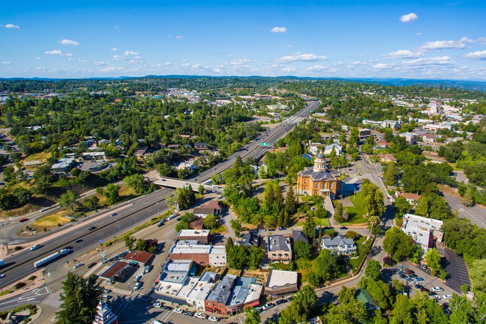 Aerial view of the tree canopy in Auburn, CA, where Lyons Tree Service provides expert tree removal and trimming.