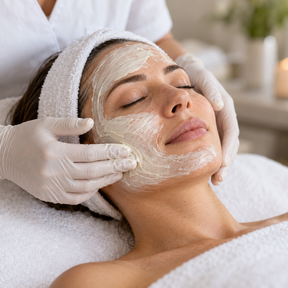 Esthetician applying a nourishing cream mask during a custom facial at Veritas Skin Wellness in Folsom, CA.