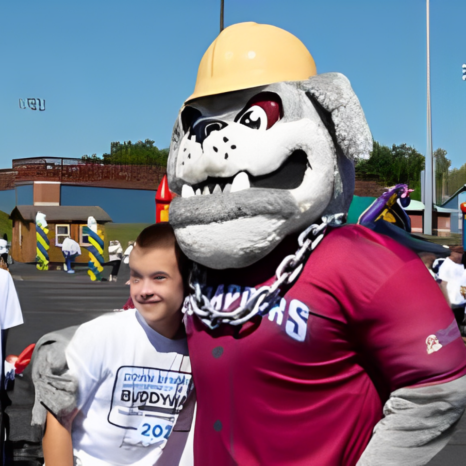 Buddy Walk participant posing with the Mahoning Valley Scrappers mascot at a Down Syndrome Association of the Valley event.