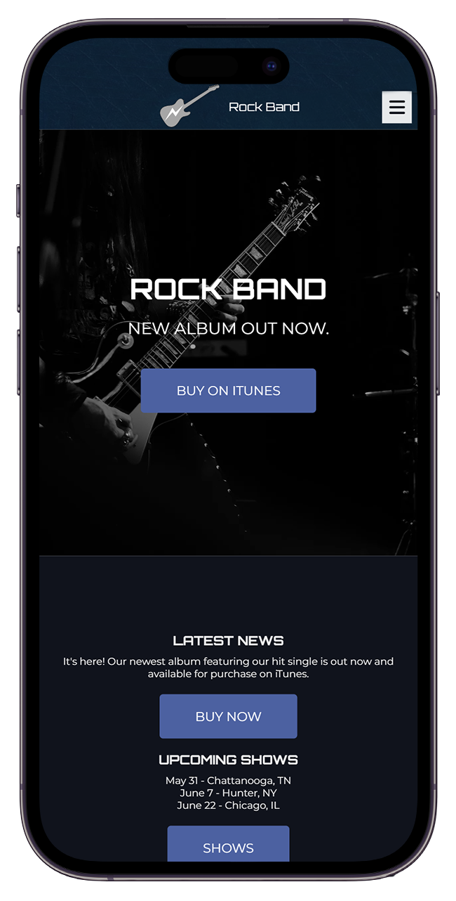 iphone cellphone preview of the mobile website for rock band