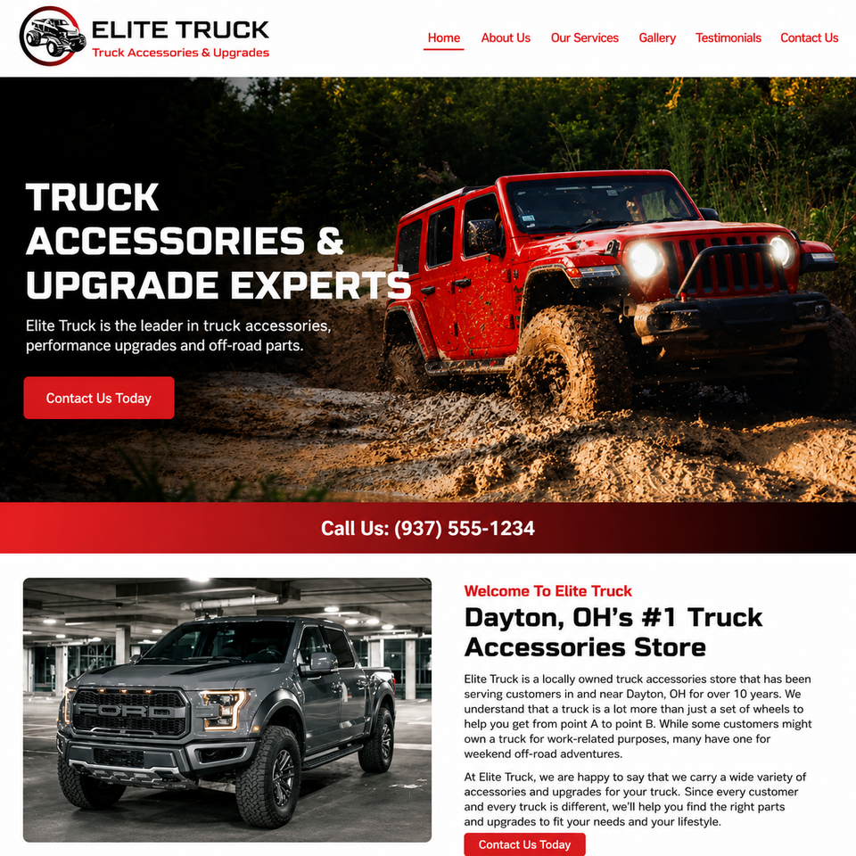 Elite Truck website screenshot featuring a red Jeep driving off-road with the text 'Truck Accessories & Upgrade Experts' and sections for services, gallery, testimonials, and contact details.