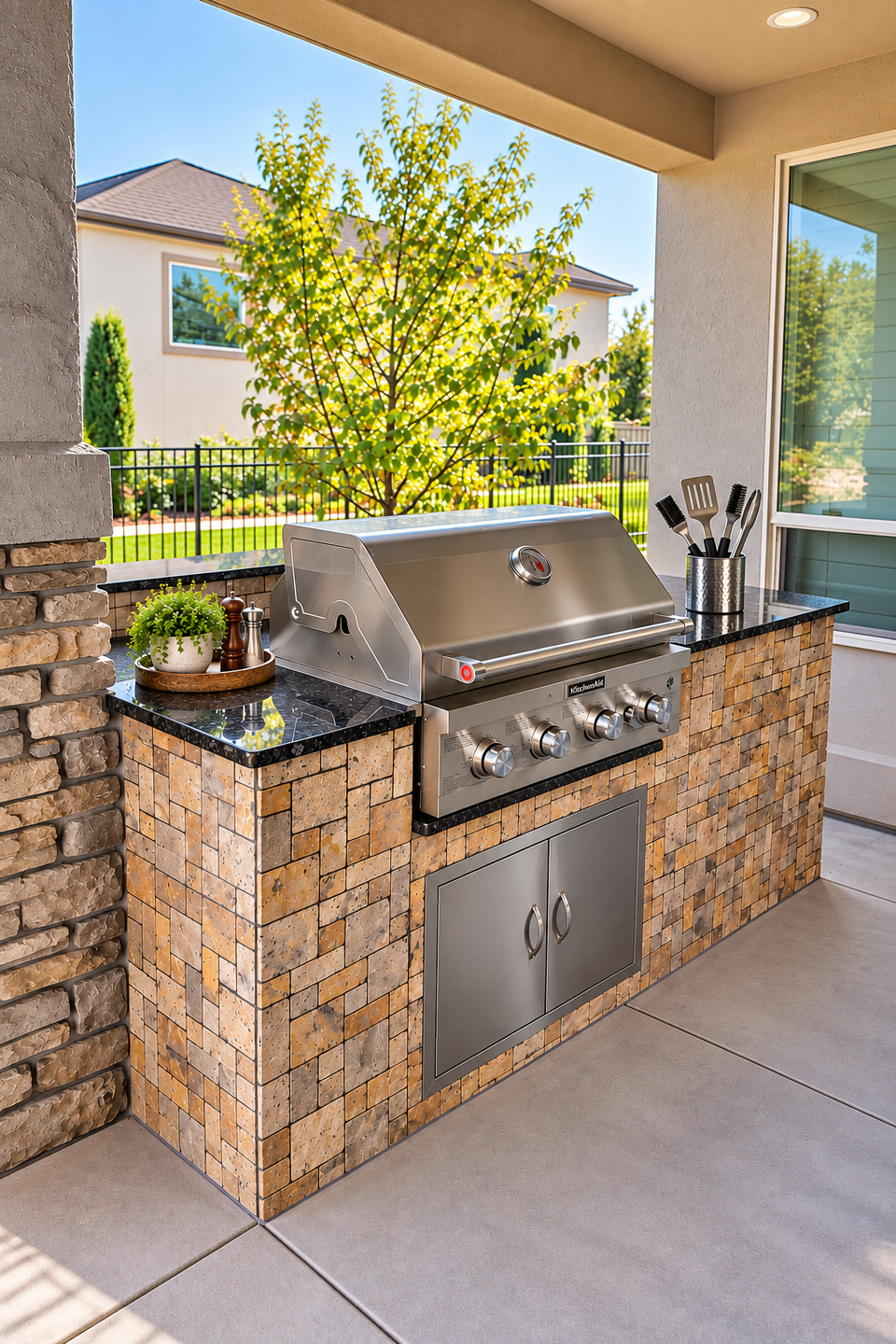 Outdoor kitchen staged zoomed out
