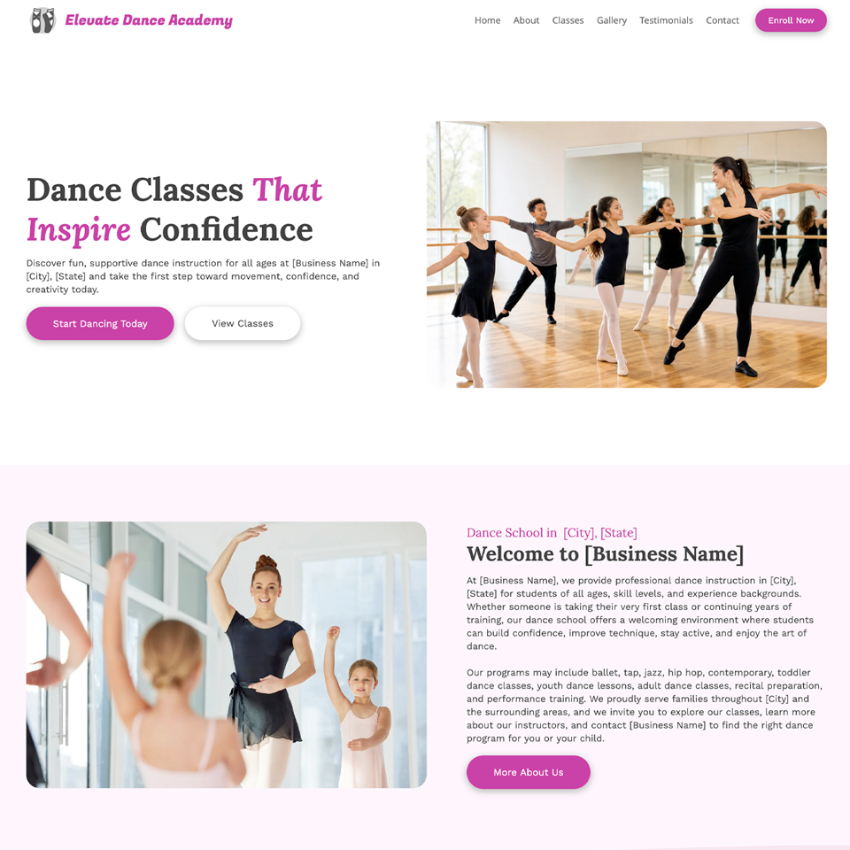 Dance studio website design theme