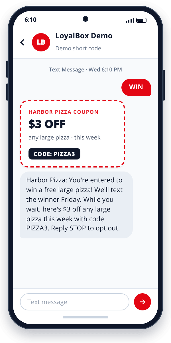 Example text-to-win contest reply from a pizza shop with a $3 off coupon code