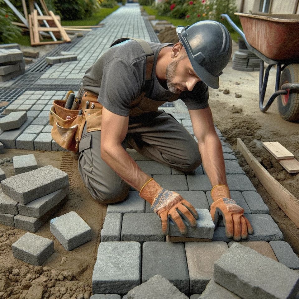 Stone Mason working on paver pathway