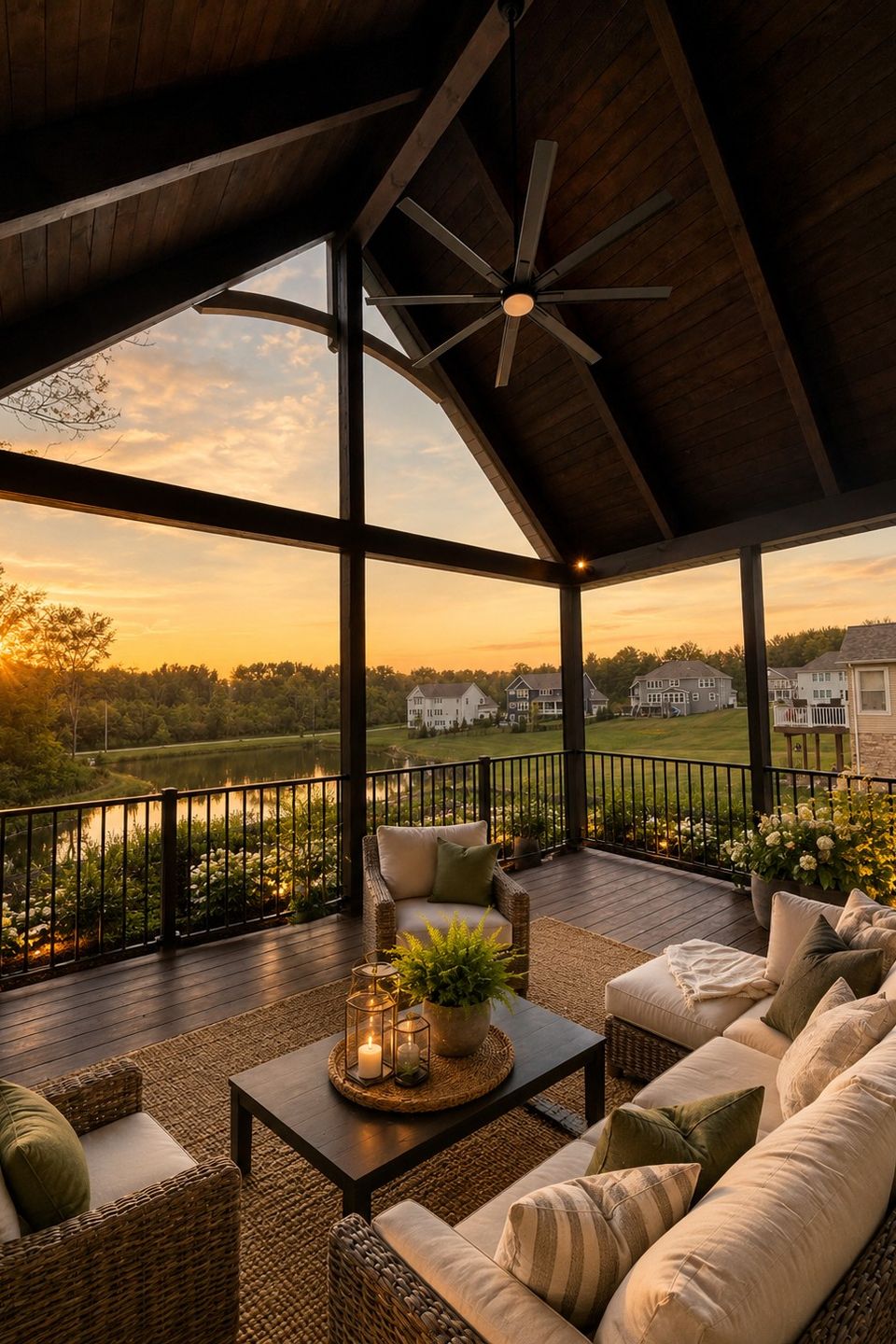 Covered porch renovation overlooking backyard in Chagrin Falls, Ohio