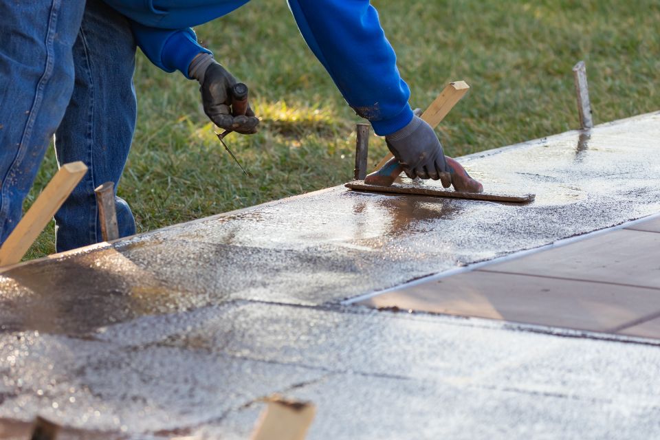 1920 construction worker smoothing wet cement with trowel tools