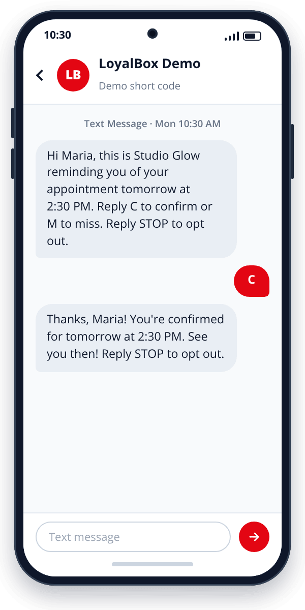 Example appointment reminder text from a salon, with the client replying C to confirm