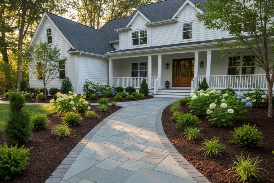 Custom stone paver walkway installation and front yard hardscaping design