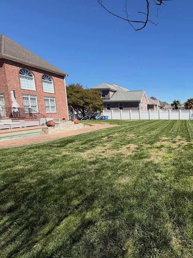Newly cut grass for a backyard, sun shining, done by Get A Mow On Lawn Care LLC of Chesapeake VA