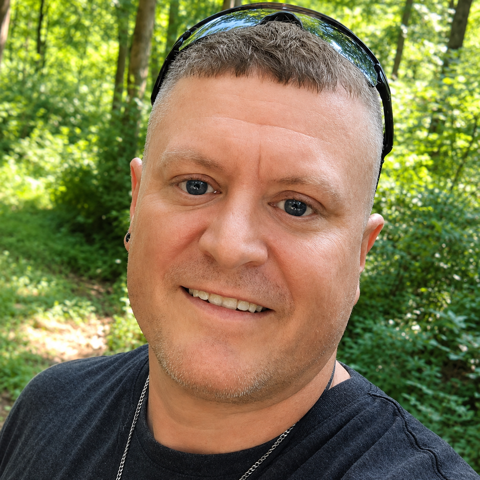 Forest trail selfie with sunglasses