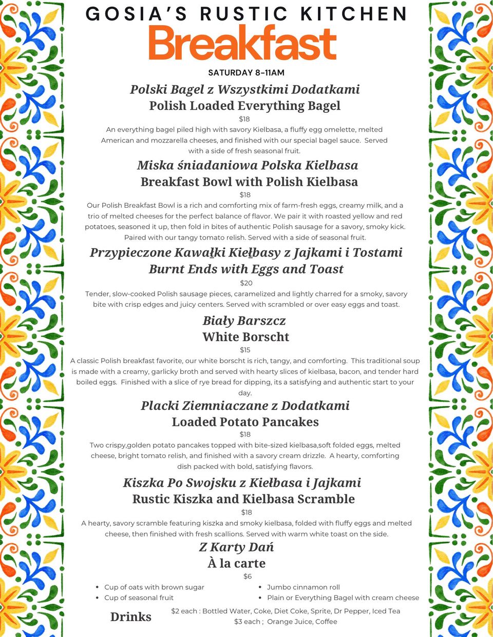 Breakfast Menu from Gosia's Rustic Kitchen in Sheridan, IN