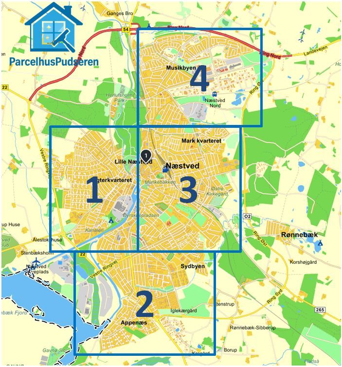 Områdekort over Næstved med opdeling i 4 ruter til vinduespudsning