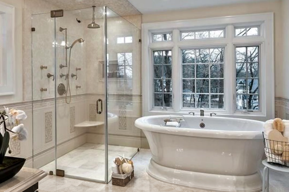 Luxury bathroom glass shower freestanding tub
