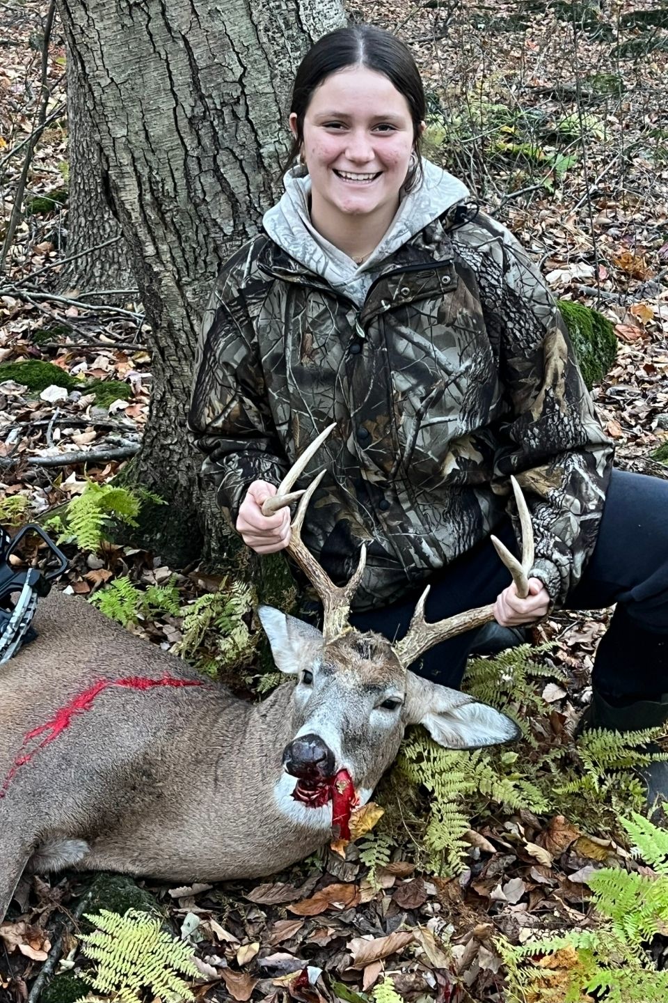  Thirteen-year-old, Sydney Falduts shot this 168-pound,  8-point buck with a crossbow, while hunting with her Grandpa Kulp