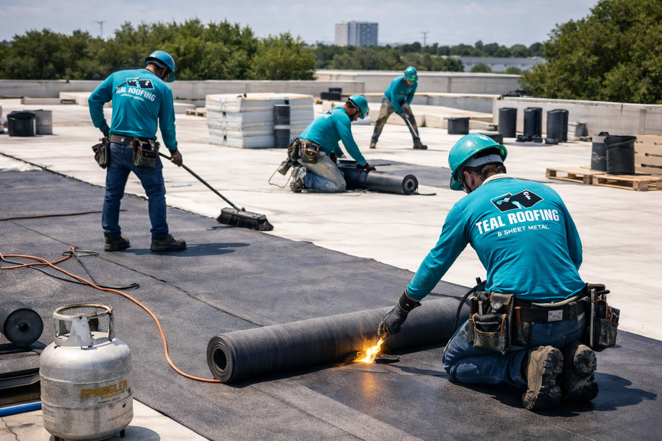 Teal worker's installing a commercial roof