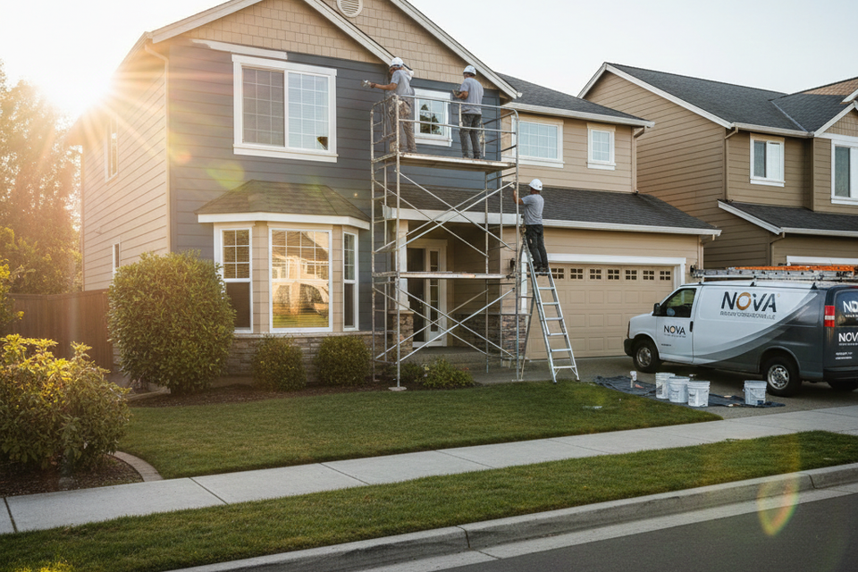 Nova Roofing + Construction LLC crew prepping and painting a modern home exterior, featuring a branded service van and organized job site for a complete property refresh