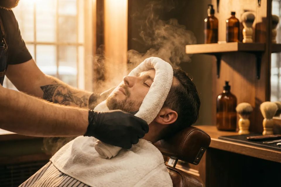 Barber applying a hot steam towel to a client's face during a professional shave service