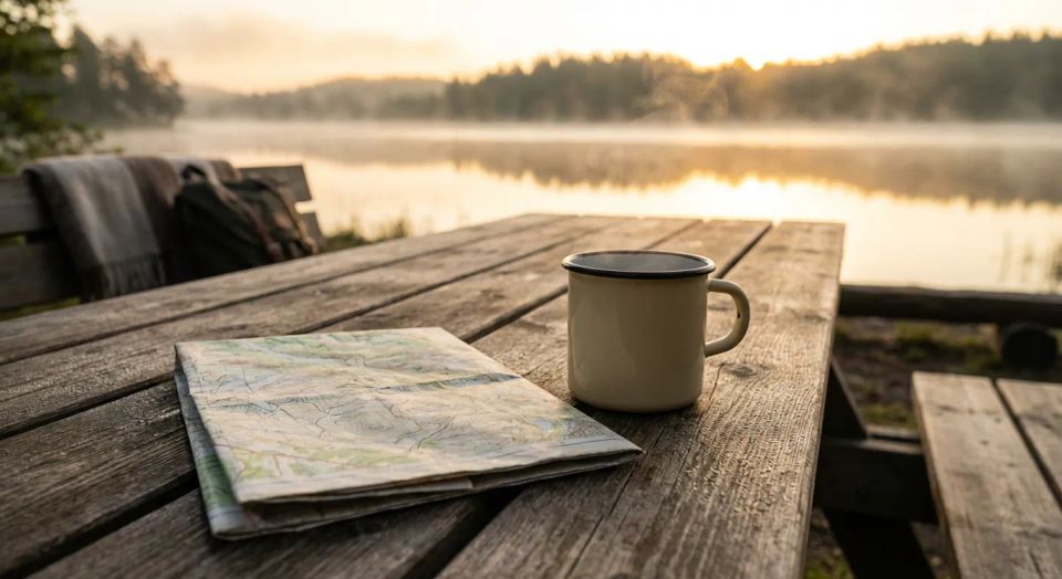 Hot cup of coffee and a trail map sitting on a rustic wooden picnic table overlooking a peaceful lake at sunrise.