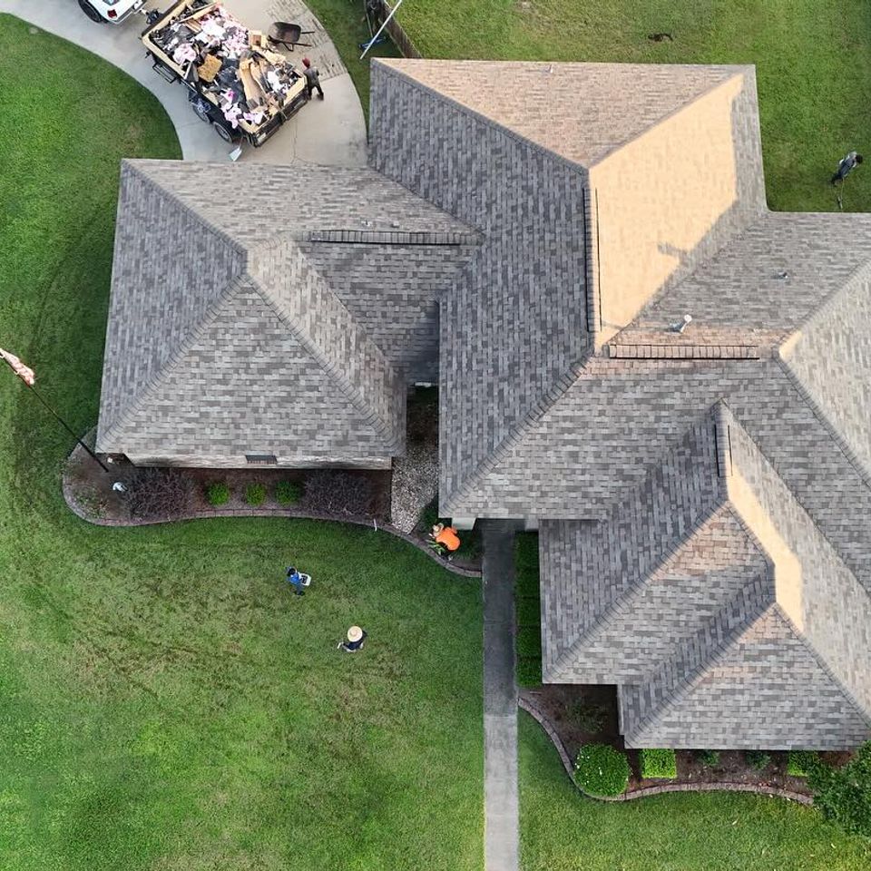 Ariel view of a roof a roof replacement by Teal Roofing in Walker, La.