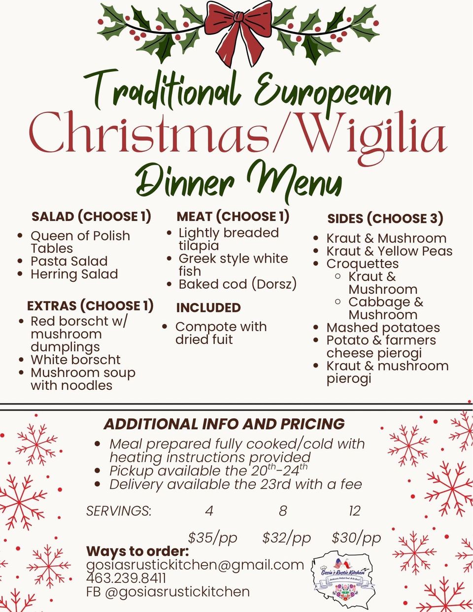Traditional European Holiday Dinner Menu from Gosia's Rustic Kitchen in Sheridan, IN
